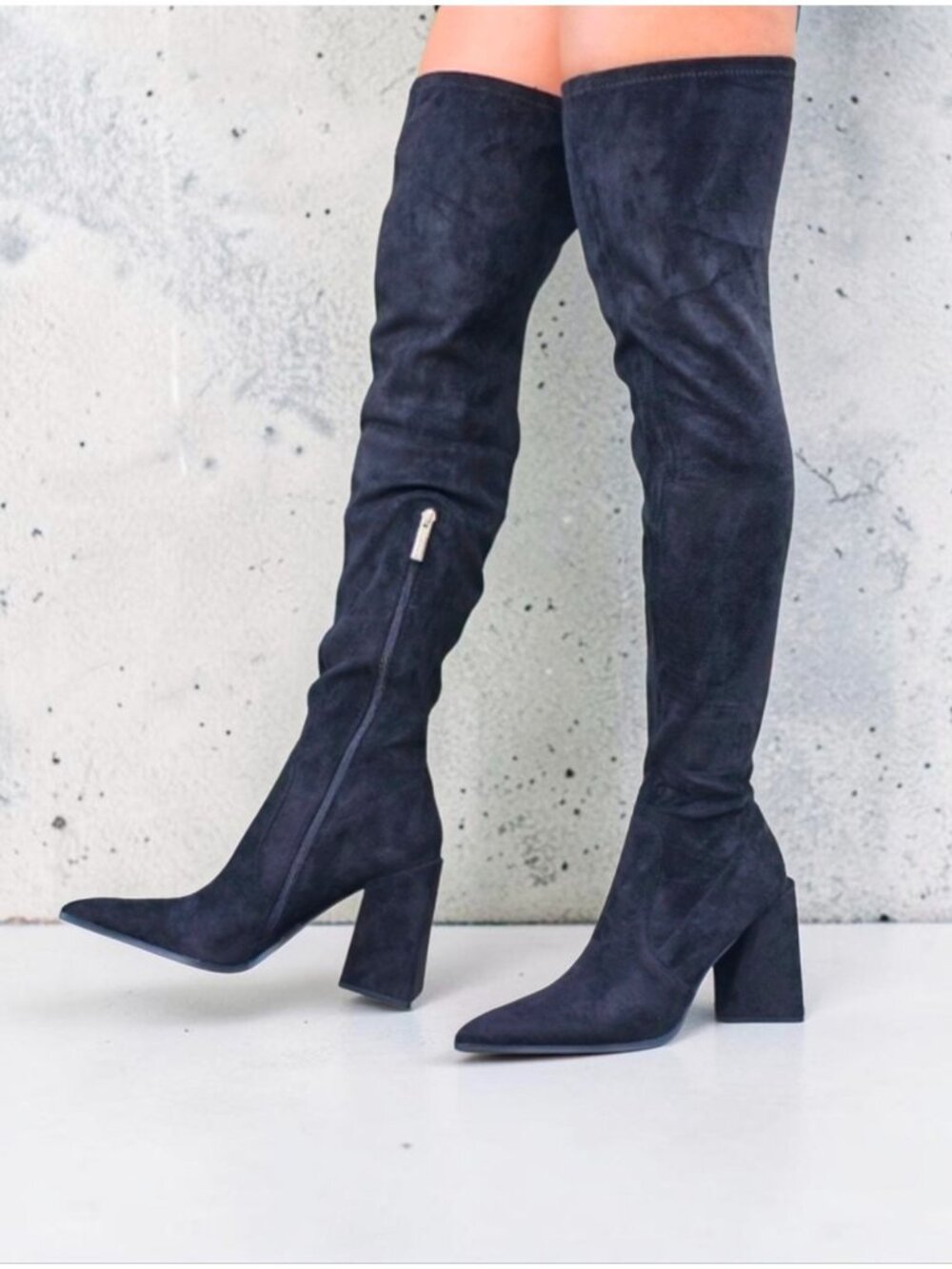 Over-The-Knee Black Faux Suede Heeled Boots With Side Zipper & Pointed Toe Women